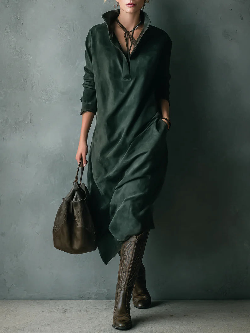 Isna Green Loose Suede Lapel Long Sleeve Midi Dress – Marbury London