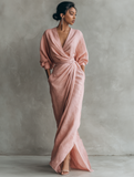 Taylor – Maxi minimalist dress in pink with a V-neck, made from a linen blend for women