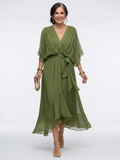 Elysia | V-Neck Draped Waist Tie Midi Dress