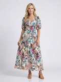 Eulalie | V-Neck Short Sleeve Ruched Waist Midi Dress