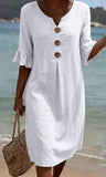 Vanesa™ – Linen-textured dress with puff sleeves and buttons
