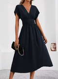 Lucyndra | V-Neck Pleated Waist Midi Dress
