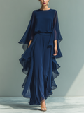 Navy Blue Chiffon Top Set with Flared Sleeves and Straight-Leg Trousers with Ruched Details