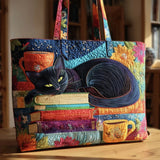 Sac cabas artisanal - Chat noir avec livres et tasses