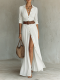 Long Linen Maxi Dress for Women with a Lapel Collar and Long Sleeves