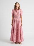 Xanthea - Short Sleeve Belted Floral Textured Maxi Shirt Dress