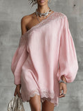 Casual Off-the-Shoulder Dress with Lace Details and Long Sleeves