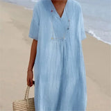 Sandra – Casual linen-textured dress with V-neckline