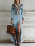 Ophelio Western Half-Zip Embroidered Faux Suede Fringe Maxi Dress