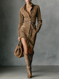 Marigold Suede Single Breasted Lapel Long Sleeve Midi Dress (Includes belt)