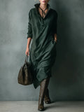Isna Green Loose Suede Lapel Long Sleeve Midi Dress