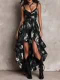 Black Strapless Boho Maxi Dress with Floral Print and Asymmetrical Hem