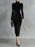 Verity Black Velvet Elegant High-Neck Bodycon Dress