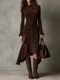 Cecily Elegant Dark Brown Suede Drawstring Irregular Midi Dress