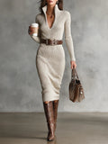Delphino Slim Fit Half Turtleneck V-Neck Long Sleeve Knitted Belted Midi Dress