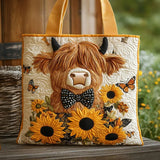 Highland Cow Sunflower Butterfly Quilted Tote Bag