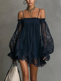 Short Chiffon Dress with Off-the-Shoulder Neckline, Lace Details and Sheer Sleeves