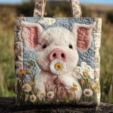 Cute Pig Daisy Floral Quilted Tote Bag